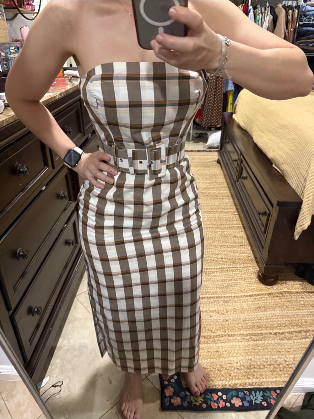 Strapless Plaid Midi Dress in Brown and White with Belt